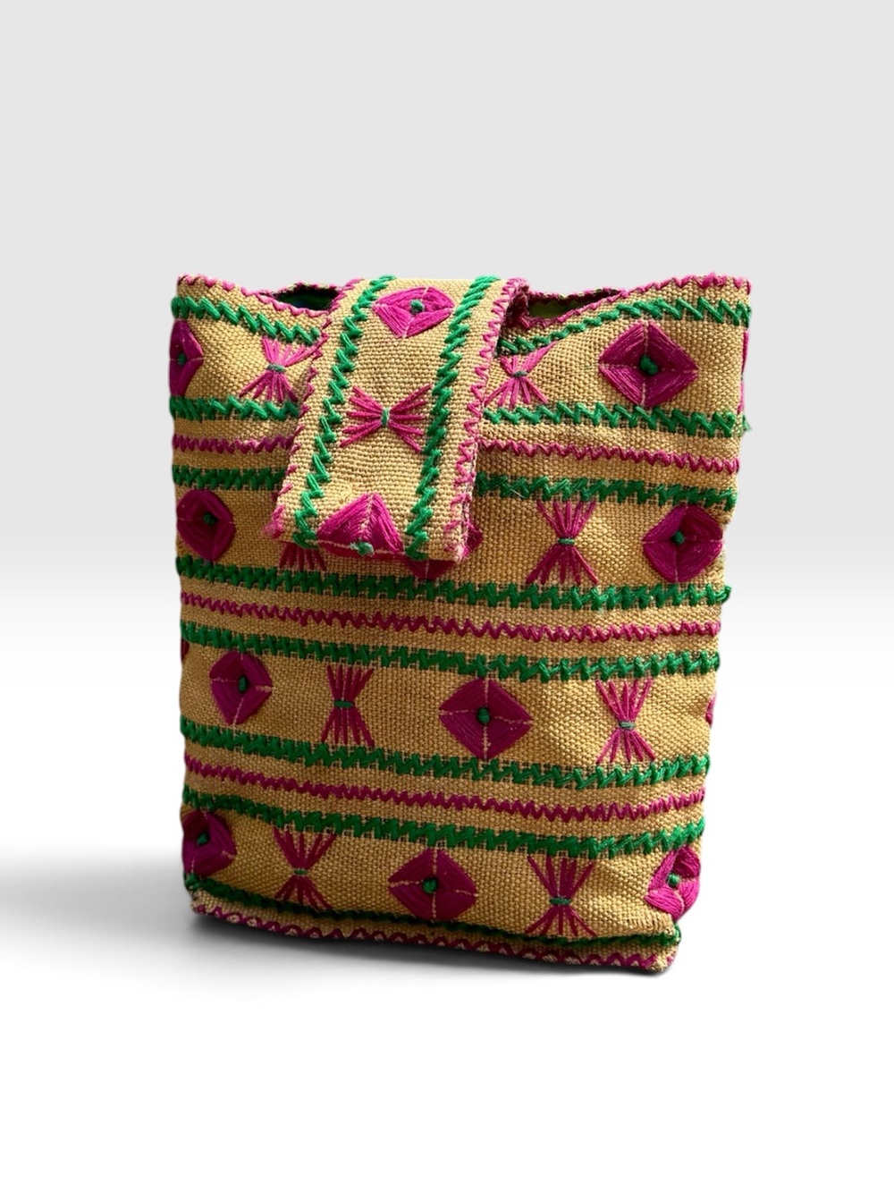 Vintage 1970s Embroidered Burlap Market Shopping Tote (Boho Woven Jute Bag)